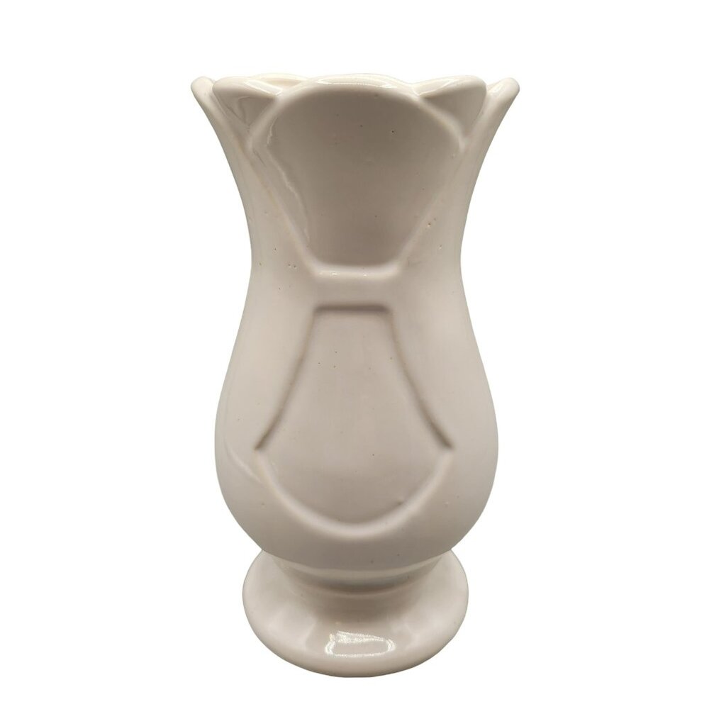 Old Brush Vase USA Pottery White Ceramic Flower Vase Tulip Edge 1940's 8" Tall